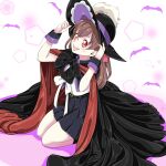  1girl belt black_bow black_headwear black_pepper_(precure) black_pepper_(precure)_(cosplay) black_skirt bow brown_hair cloak commentary_request cosplay delicious_party_precure fangs highres nagomi_yui precure red_eyes shirt skirt smile solo vampire white_shirt wrist_cuffs yozora 