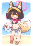  1girl animal_ear_fluff animal_ears ball bangs beach beachball bikini bikini_under_clothes black_hair blue_archive blue_sky breasts brown_footwear chibi cleavage cloud cutoffs day fox_ears fox_girl fox_tail full_body grey_shorts hair_between_eyes halo highres holding holding_ball horizon izuna_(blue_archive) izuna_(swimsuit)_(blue_archive) medium_breasts micro_shorts naga_u navel ocean official_alternate_costume one_side_up orange_eyes outdoors sand sandals shorts sky solo standing stomach striped striped_bikini swimsuit tail transparent visor_cap water yellow_eyes yellow_headwear 