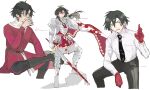  1boy :| annoyed armor black_hair black_necktie black_pants blood blood_on_clothes blood_on_face blood_on_weapon cloak cloak_removed closed_mouth collared_shirt commentary constantine_xi_(fate) cropped_legs cup drinking earrings fate/grand_order fate_(series) figure_four_sitting full_body gloves grey_eyes hair_between_eyes halo highres holding holding_clothes holding_cup holding_sword holding_weapon invisible_chair jewelry kitada long_hair long_sleeves male_focus multiple_views necktie no_jacket open_mouth pants red_gloves red_tunic shirt short_hair simple_background sitting standing stepping sweatdrop sword tie_clip translation_request tunic weapon white_armor white_background white_cloak white_gloves white_pants white_shirt white_tunic 