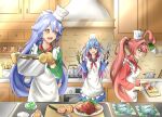  3girls aliasing apron bao_(vtuber) blue_hair cooking cutting_board fish food hibiki_du_ca indoors kitchen kitchen_knife multiple_girls niji_fuu nijigen_project oven pink_hair star_king virtual_youtuber 