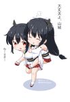  2girls black_hair carrying chibi commentary_request detached_sleeves fusou_(kancolle) hair_ornament happy_new_year headgear kantai_collection long_hair masara_(chuujou) multiple_girls one-hour_drawing_challenge pleated_skirt red_eyes red_skirt sandals short_hair simple_background skirt socks translation_request white_background white_socks yamashiro_(kancolle) 