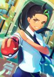  1girl absurdres black_hair blue_necktie blue_shorts blurry brown_eyes collared_shirt commentary_request dark-skinned_female dark_skin fingerless_gloves freckles gloves green_hair hand_on_own_arm highres holding holding_poke_ball looking_at_viewer multicolored_hair natupath_summer necktie nemona_(pokemon) pink_gloves poke_ball poke_ball_(basic) pokemon pokemon_(game) pokemon_sv ponytail school_uniform shirt shorts single_glove smile solo streaked_hair two-tone_hair uva_academy_school_uniform white_shirt 