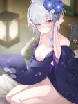  1girl blue_archive blush bow braid commentary_request flower fur_collar grey_hair hair_bow hair_bun hair_flower hair_ornament halo hand_up haruna_(blue_archive) haruna_(new_year)_(blue_archive) highres japanese_clothes kimono long_sleeves looking_at_viewer naked_kimono official_alternate_costume open_clothes open_kimono red_eyes single_hair_bun single_wing sitting smile solo tatsuya_(trypaint) undressing wings 