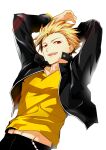  1boy arms_behind_head bangs black_jacket blonde_hair fate/prototype fate_(series) gentleman_in_progress gilgamesh_(fate) gilgamesh_(fate/prototype) highres jacket long_sleeves open_mouth red_eyes shirt solo teeth upper_body upper_teeth_only upswept_hair white_background yellow_shirt 
