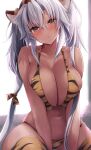  1girl absurdres alternate_costume animal_ears animal_print bikini breasts brown_eyes collarbone dark-skinned_female dark_skin fake_animal_ears grey-framed_eyewear grey_hair hair_between_eyes highres huge_breasts kantai_collection long_hair looking_at_viewer mashiro_yukiya musashi_(kancolle) musashi_kai_ni_(kancolle) navel print_bikini print_hairband print_thighhighs rectangular_eyewear semi-rimless_eyewear sitting solo swimsuit tiger_print twintails very_long_hair 