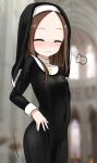  1girl absurdres bangs black_dress blurry blurry_background blush breasts brown_hair closed_eyes closed_mouth covered_navel cross depth_of_field dress facing_viewer forehead groin habit highres indoors karakai_jouzu_no_takagi-san latin_cross long_hair long_sleeves motion_lines note2000 nun parted_bangs small_breasts solo takagi-san 