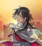  1boy armor black_hair cloak commentary constantine_xi_(fate) earrings fate/grand_order fate_(series) from_side grey_eyes hair_between_eyes heki0529 jewelry long_hair looking_at_viewer looking_to_the_side male_focus smile solo sunset upper_body wall white_armor white_cloak 