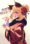  1girl 2023 animal animal_ears blonde_hair blush closed_mouth commentary_request flower gradient gradient_background hair_flower hair_ornament highres japanese_clothes kimono looking_at_viewer mizuyoukan_(mikususannda) original pink_eyes profile rabbit red_kimono short_hair smile solo translation_request yellow_background 