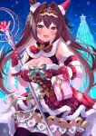  1girl animal_ears black_thighhighs blue_bow bow breasts brooch brown_hair christmas christmas_tree cleavage cleavage_cutout clothing_cutout commentary cowboy_shot daiwa_scarlet_(scarlet_nuit_etoile)_(umamusume) daiwa_scarlet_(umamusume) dress ear_covers ear_scrunchie fang frilled_dress frills fur-trimmed_dress fur_armlet fur_trim giving gloves hair_intakes highres holding holding_staff horse_ears horse_girl ibuki_sho illuminate_the_heart_(umamusume) jewelry large_breasts long_hair looking_at_viewer night official_alternate_costume open_mouth outdoors plaid plaid_dress red_dress red_eyes red_gloves santa_dress short_dress single_ear_cover skin_fang smile snowflakes snowing solo staff standing thighhighs tiara umamusume very_long_hair 