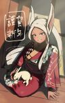  1girl absurdres animal_ears animal_on_lap bangs boku_no_hero_academia chinese_zodiac commentary_request dark-skinned_female dark_skin floral_print gi_tatakuma highres japanese_clothes kimono long_eyelashes long_hair looking_at_viewer mirko obi on_lap parted_bangs parted_lips partial_commentary rabbit rabbit_ears rabbit_girl red_eyes red_kimono sash sitting smile solo very_long_hair white_hair year_of_the_rabbit yokozuwari 