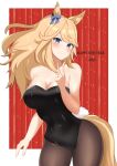  1girl 2023 alternate_costume animal_ears arn7 bangs bare_arms bare_shoulders black_leotard black_pantyhose blonde_hair blue_bow blue_eyes blush bow breasts cleavage commentary_request cowboy_shot dress gold_city_(umamusume) hair_bow hand_up happy_new_year highres horse_ears large_breasts leotard long_hair looking_at_viewer pantyhose smile solo standing strapless strapless_dress swept_bangs tail thighs umamusume v 