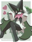  :d border character_name commentary_request full_body hands_up heart highres meowscarada open_mouth pink_eyes pokemon pokemon_(creature) shabana_may smile solo white_border 