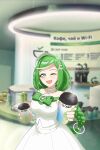  1girl blurry blurry_background braid breasts coffee_cup copyright_name cowboy_shot cup cyrillic disposable_cup dress giving green_eyes green_hair green_nails hair_ornament highres holding indoors logo long_hair looking_at_viewer medium_breasts one_eye_closed open_mouth rikani sber-chan sberbank signature single_braid smile solo very_long_hair white_dress 