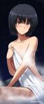  1girl absurdres amagami bangs bare_shoulders bathing black_hair blush bob_cut breasts brown_eyes closed_mouth commentary_request highres looking_at_viewer medium_breasts mitojyaneeeeyo naked_towel nanasaki_ai nude onsen outdoors short_hair smile solo steam towel twitter_username water 