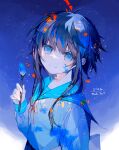  1girl 2022 bangs blue_background blue_eyes blue_hair blue_serafuku blue_skirt blue_theme closed_mouth commentary_request crescent facepaint from_side gradient gradient_background hair_between_eyes highres holding holding_paintbrush irodori_warabi light_particles long_hair long_sleeves looking_at_viewer neck_ribbon orange_ribbon original paint paint_splatter paint_splatter_on_face paintbrush ribbon school_uniform serafuku short_hair_with_long_locks sidelocks skirt smile solo thank_you upper_body white_background 