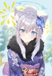  1girl animal_ear_fluff animal_ears bangs blue_archive blue_eyes blush closed_mouth commentary cosplay cross_hair_ornament english_commentary extra_ears floral_print flower fur_collar goyain grey_hair hair_between_eyes hair_bun hair_flower hair_ornament halo haruna_(blue_archive) haruna_(blue_archive)_(cosplay) haruna_(new_year)_(blue_archive) highres japanese_clothes kimono looking_at_viewer mismatched_pupils obi print_kimono sash shiroko_(blue_archive) sidelocks solo upper_body 