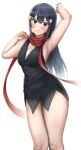  1girl arm_behind_head armpits arms_up bangs black_dress blue_eyes blue_hair blush cowboy_shot dark_blue_hair dawn_(pokemon) dress fook_(gcts5284) hair_between_eyes hair_ornament highres looking_at_viewer no_headwear pokemon pokemon_(game) pokemon_dppt red_scarf scarf short_dress simple_background smile solo standing thighs white_background 