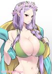  1girl absurdres alternate_costume artist_name bikini braid breasts bursting_breasts cloak closed_mouth collarbone dragon_girl fire_emblem fire_emblem:_the_binding_blade fire_emblem_heroes ge-b green_bikini green_eyes head_wreath heterochromia highres huge_breasts idunn_(fire_emblem) linea_alba long_hair looking_at_viewer mature_female navel official_alternate_hairstyle pointy_ears purple_hair red_eyes sidelocks skindentation solo stomach string_bikini swimsuit twitter_username upper_body white_background 