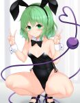 1girl animal_ears black_bow black_bowtie black_footwear black_leotard bow bowtie breasts cleavage closed_mouth daichi_(tokoya) detached_collar double_v full_body green_eyes green_hair heart heart_of_string highres komeiji_koishi leotard looking_at_viewer playboy_bunny rabbit_ears short_hair small_breasts smile solo squatting third_eye touhou v wrist_cuffs 