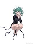  1girl artist_name bangs black_dress breasts collared_dress curly_hair dress flipped_hair floating full_body green_eyes green_hair highres long_sleeves lw_goombang one-punch_man psychic shoes short_hair side_slit small_breasts solo tatsumaki telekinesis thighs white_background 