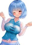 1girl ;q bangs blue_hair blue_vest breasts closed_mouth covered_navel cross-laced_clothes highres large_breasts long_sleeves looking_at_viewer one_eye_closed red_eyes reijing_etrn see-through see-through_shirt shirt short_hair simple_background smile solo tatara_kogasa tongue tongue_out touhou upper_body vest white_background white_shirt 