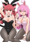  2girls animal_ears bangs bare_shoulders black_bow black_bowtie blue_nails bow bowtie braid breasts cat_ears chups cleavage detached_collar highres kaenbyou_rin knees_together_feet_apart large_breasts leotard long_hair multiple_girls nail_polish pantyhose playboy_bunny purple_nails rabbit_ears red_eyes red_hair red_nails reisen_udongein_inaba simple_background touhou white_background wrist_cuffs 