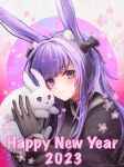  1girl 2023 3_(sanyako1) :3 absurdres animal animal_ear_fluff animal_ears arknights bangs black_bow black_choker black_gloves blush bow brown_eyes cherry_blossoms chinese_zodiac choker commentary_request gloves hair_bow hair_intakes happy_new_year highres holding holding_animal long_hair long_sleeves looking_at_viewer partial_commentary purple_hair rabbit rabbit_ears rope_(arknights) smile solo upper_body year_of_the_rabbit 