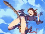  1girl :o artist_name belt blue_sky boots breasts broom broom_riding brown_eyes brown_hair cloud commentary english_commentary flying from_below hat hat_removed headwear_removed kagari_atsuko knee_boots little_witch_academia long_sleeves medium_breasts optionaltypo panties pussy_juice red_ribbon ribbon robe sky solo teeth underwear upper_teeth_only white_panties wide_sleeves witch_hat 
