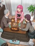  1boy 2girls :d ^_^ absurdres animal brown_hair buta5813 cat closed_eyes commentary cup family food fruit grey_hair highres indoors jirai_kei kotatsu mandarin_orange multiple_girls original pink_hair plant ponytail potted_plant smile table tea yunomi 