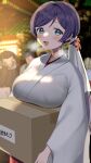  1girl :d absurdres blurry blurry_background box breast_rest breasts carried_breast_rest carrying commentary_request green_eyes highres holding holding_box jacket japanese_clothes kazepana large_breasts long_hair looking_at_viewer love_live! love_live!_school_idol_project miko open_mouth purple_hair smile solo_focus toujou_nozomi 