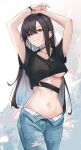  1girl absurdres arms_up bad_id bad_twitter_id black_choker black_hair black_shirt blue_pants breasts choker closed_mouth colored_inner_hair crop_top denim ema_(kuguiema) hair_over_one_eye highres long_hair looking_at_viewer medium_breasts midriff multicolored_hair navel open_fly original pants red_eyes shirt short_sleeves smile solo standing stomach torn_clothes torn_pants underboob unzipped wristband zipper 