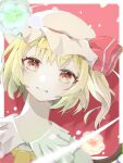  1girl ascot bangs blonde_hair blue_flower border closed_mouth collared_shirt commentary dutch_angle fang flandre_scarlet flower frilled_shirt_collar frills hat light_blush long_neck looking_at_viewer mob_cap outside_border pink_flower red_background red_eyes shiro_noo shirt short_hair smile solo straight-on touhou upper_body white_border white_headwear white_shirt yellow_ascot 
