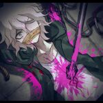  1boy artist_name bangs blood collarbone danganronpa_(series) danganronpa_2:_goodbye_despair death green_jacket grey_hair hair_between_eyes hood hooded_jacket injury jacket komaeda_nagito lying male_focus messy_hair mikao_(eanv5385) on_back open_clothes open_jacket pink_blood polearm print_shirt rope shirt solo spear spoilers stab upper_body weapon 