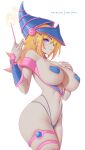  1girl absurdres blonde_hair blue_eyes blue_headwear breasts closed_mouth dark_magician_girl duel_monster hat heart_pasties highres holding holding_wand large_breasts long_hair looking_at_viewer melowh pasties patreon_username simple_background thighs wand white_background wizard_hat yu-gi-oh! 