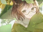  1girl :d animal_ears bangs bell brown-framed_eyewear brown_eyes brown_hair futatsuiwa_mamizou glasses green_kimono green_scarf grin japanese_clothes jingle_bell kimono leaf leaf_on_head long_sleeves looking_at_viewer parted_lips raccoon_ears raccoon_girl scarf semi-rimless_eyewear shiro_noo short_hair smile solo teeth touhou under-rim_eyewear upper_body 