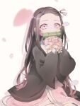  1girl bamboo bit_gag black_hair black_jacket blunt_ends clothing_request covered_mouth flower gag gradient_hair hair_ribbon jacket japanese_clothes kamado_nezuko kimetsu_no_yaiba kimono long_hair long_sleeves looking_at_viewer mouth_hold multicolored_hair petals pink_eyes pink_flower pink_kimono pink_ribbon ribbon shiro_noo solo white_background white_trim wide_sleeves 