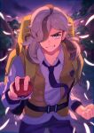  1boy absurdres aqua_eyes arven_(pokemon) backpack bag bangs belt brown_hair clenched_hand collared_shirt commentary_request grin hair_over_one_eye highres holding holding_poke_ball long_hair looking_at_viewer male_focus natupath_summer necktie open_clothes open_vest outdoors poke_ball poke_ball_(basic) pokemon pokemon_(game) pokemon_sv shirt smile solo teeth vest yellow_bag yellow_vest 