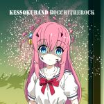  1girl absurdres album_cover album_cover_redraw blue_eyes bocchi_the_rock! commentary_request cover cube_hair_ornament derivative_work gotou_hitori goumonsha hair_ornament highres long_hair parody pink_hair romaji_text shaded_face shards solo the_offspring 