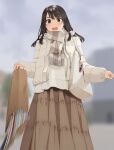  1girl bag black_hair blurry blurry_background from_below jacket long_hair looking_at_viewer mattaku_mousuke motion_blur open_mouth original outdoors paper_bag scarf shopping_bag skirt solo surprised sweatdrop sweater tearing_paper teeth upper_teeth_only winter_clothes 