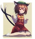  1girl :p animal_ears ar_(maeus) border bow bowtie brown_hair cat_ears chen green_headwear hat highres looking_at_viewer mob_cap nail_polish outside_border red_nails sitting socks solo tongue tongue_out touhou two-tone_background wariza white_border yellow_bow yellow_bowtie 