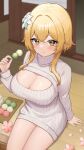  1girl :t absurdres blonde_hair blush breasts commentary_request dango eating flower food genshin_impact hair_flower hair_ornament highres holding holding_food large_breasts lumine_(genshin_impact) no_pants paid_reward_available petals ribbed_sweater sitting sweater thighs turtleneck turtleneck_sweater uka_(315302627) wagashi white_sweater yellow_eyes 