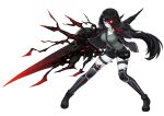 1girl absurdres black_footwear black_hair clenched_teeth corruption counter:side full_body glowing glowing_eye highres holding holding_weapon long_hair long_sleeves official_art pale_skin red_eyes short_shorts shorts solo spira_(counter:side) teeth transparent_background weapon 