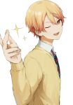  1boy bangs blonde_hair cardigan collared_shirt diagonal-striped_necktie gradient_hair hair_between_eyes highres jdiujl kamiyama_high_school_uniform_(project_sekai) long_sleeves male_focus multicolored_hair necktie one_eye_closed open_mouth orange_eyes orange_hair project_sekai school_uniform shirt short_hair solo striped_necktie teeth tenma_tsukasa upper_body upper_teeth_only yellow_cardigan 