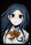  1girl bangs black_background black_eyes blue_hair bow bowtie collared_shirt danganronpa_(series) danganronpa_v3:_killing_harmony dress_shirt glasses long_hair long_sleeves orange_bow orange_bowtie parted_lips shimada_(dmisx) shirogane_tsumugi shirt solo teeth white_shirt 