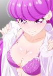  1girl bangs bra breasts cleavage collarbone collared_shirt dress_shirt earrings fuchi_(nightmare) gradient gradient_background highres jewelry kirakira_precure_a_la_mode kotozume_yukari large_breasts light_blush long_hair looking_at_viewer open_clothes open_shirt precure purple_bra purple_eyes shirt smile solo underwear undressing upper_body white_shirt 