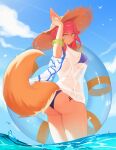  1girl absurdres animal_ears ass bikini bikini_under_clothes blue_bikini breasts fangfangtu fate/grand_order fate_(series) fox_ears fox_girl fox_tail hat highres innertube large_breasts looking_back no_pants pink_hair shirt side-tie_bikini_bottom straw_hat string_bikini swimsuit t-shirt tail tamamo_(fate) tamamo_no_mae_(swimsuit_lancer)_(fate) wading water wet wet_clothes wet_shirt yellow_eyes 