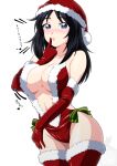  1girl black_hair blue_eyes blush breasts christmas cleavage collarbone elbow_gloves finger_to_mouth girls_und_panzer gloves hat highres ichijou_takakiyo large_breasts leotard long_hair looking_at_viewer navel open_mouth red_gloves red_thighhighs santa_costume santa_hat shiny shiny_hair simple_background solo thighhighs white_background yamagou_ayumi 