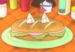  animal_ear_fluff animal_ears flag food fox_ears kemomimi-chan_(naga_u) ketchup lettuce mustard naga_u no_humans original plaid plate pokemon pokemon_(game) pokemon_sv sandwich sliced_meat table tissue_box 