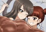  2girls blush brown_eyes brown_hair bukkuri commission dated girls_und_panzer grin long_hair looking_at_another mika_(girls_und_panzer) mikko_(girls_und_panzer) multiple_girls on_bed one_eye_closed pixiv_commission shiny shiny_hair shiny_skin smile under_covers upper_body yuri 