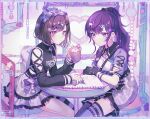  2girls asahina_mafuyu asymmetrical_gloves black_bow black_gloves black_shirt bow brown_eyes brown_hair clothing_cutout commentary cross-laced_sleeves cup fingerless_gloves frilled_skirt frills gloves hair_bow hair_ornament hairband heart heart_hair_ornament highres holding holding_pencil kazakami_73 lolita_hairband looking_at_viewer mismatched_gloves mug multiple_girls negai_wa_itsuka_asa_o_koete_(project_sekai) notebook pencil picture_frame project_sekai purple_eyes purple_hair purple_headwear purple_thighhighs shinonome_ena shirt shoulder_cutout single_thighhigh sitting skirt thighhighs x_hair_ornament 